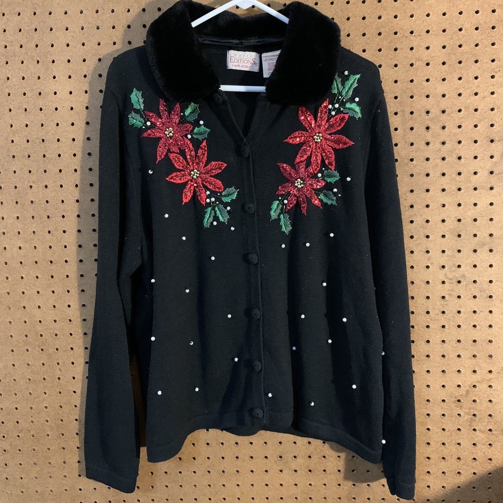 Vtg Christmas Sweater Basic Editions Cardigan XL Black Poinsettia Sequin Holiday